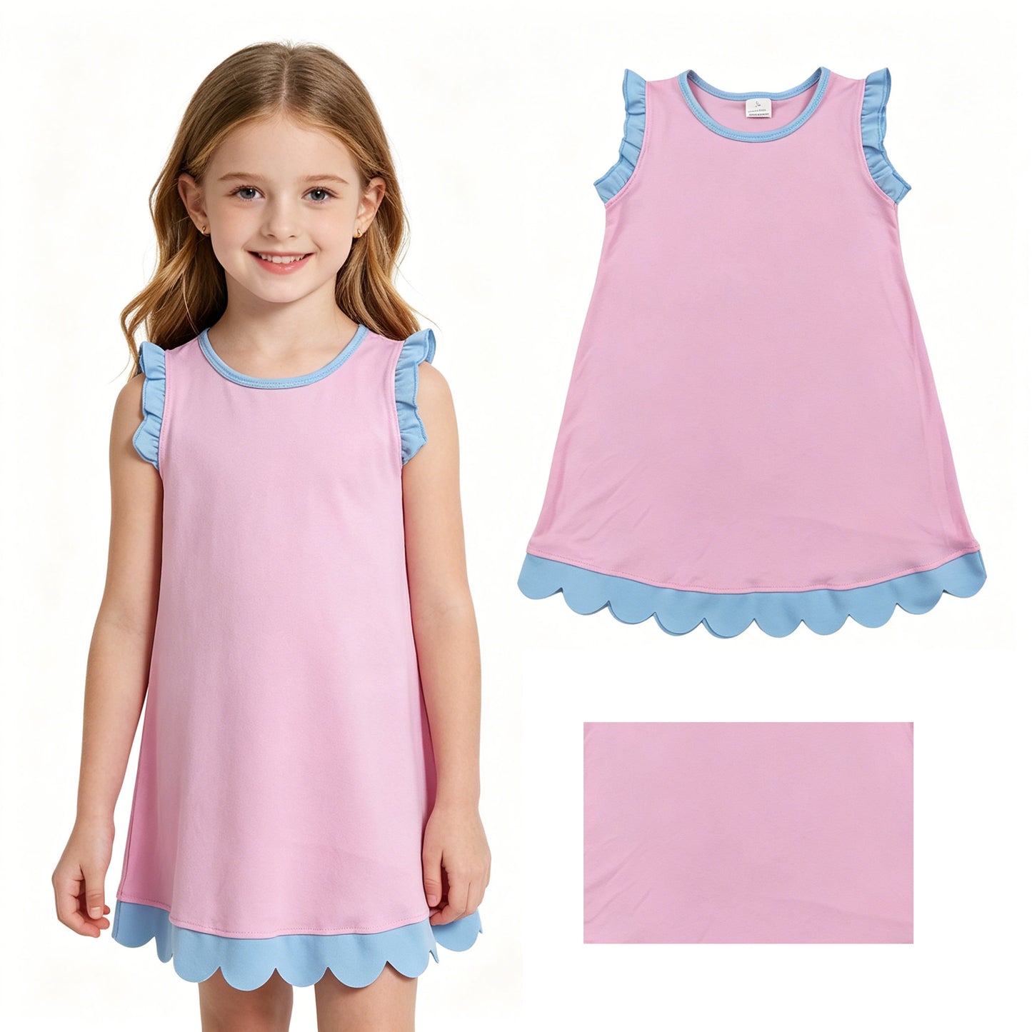 Baby Girls Pink Blue Scallop Sleeveless Knee Length Dresses