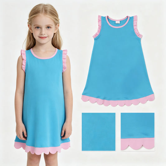 Baby Girls Pink Blue Sleeveless Scallop Knee Length Dresses