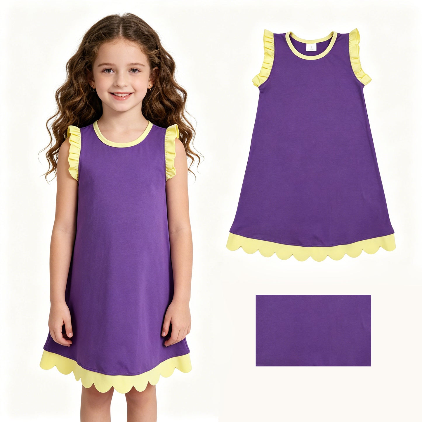 Baby Girls Purple Yellow Sleeveless Scallop Knee Length Dresses