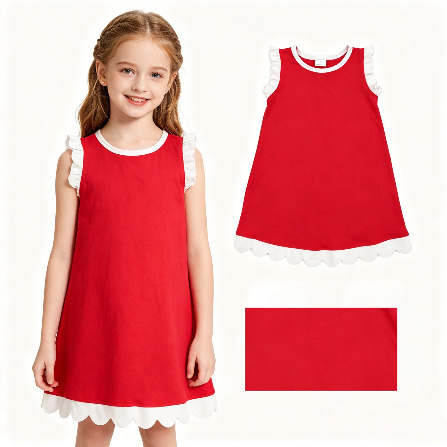 Baby Girls Red White Sleeveless Scallop Knee Length Dresses