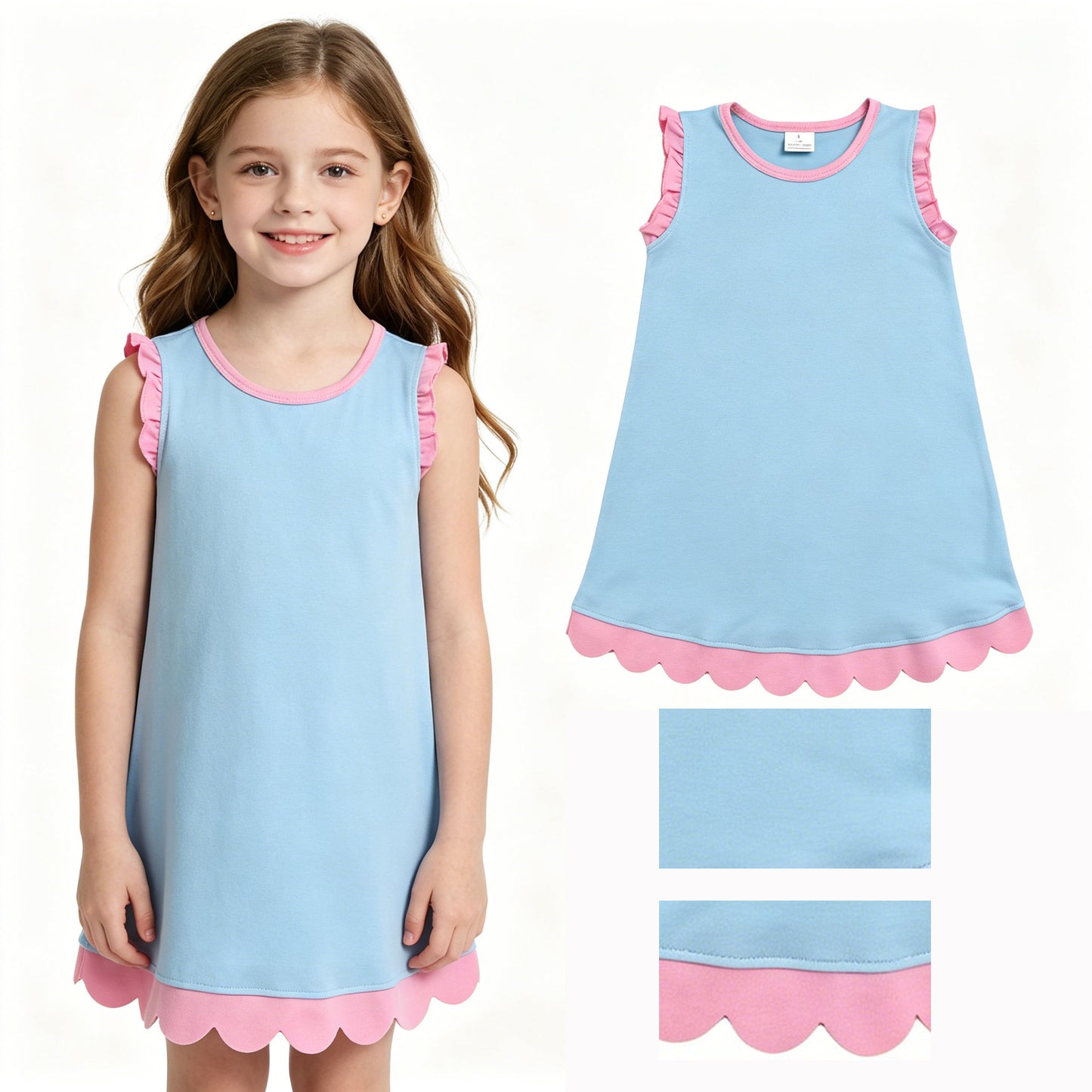 Baby Girls Pink Blue Sleeveless Scallop Knee Length Dresses