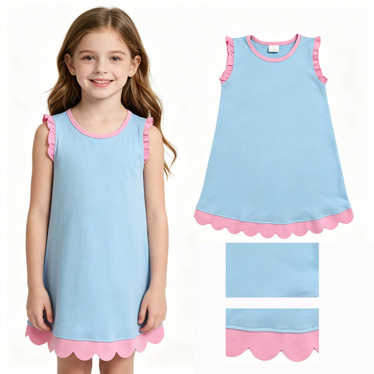 Baby Girls Pink Blue Sleeveless Scallop Knee Length Dresses