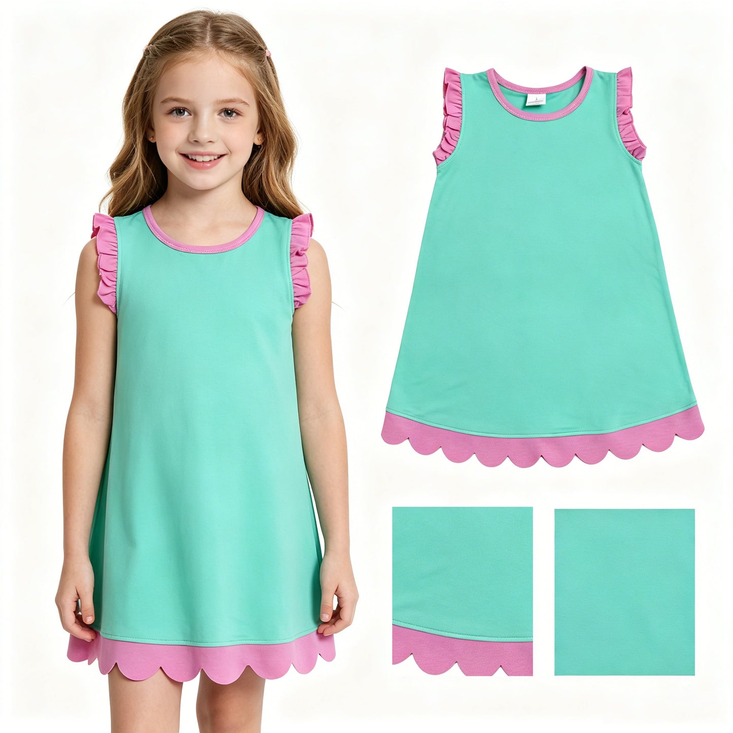 Baby Girls Pink Aqua Sleeveless Scallop Knee Length Dresses