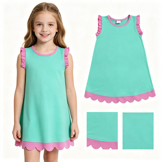 Baby Girls Pink Aqua Sleeveless Scallop Knee Length Dresses