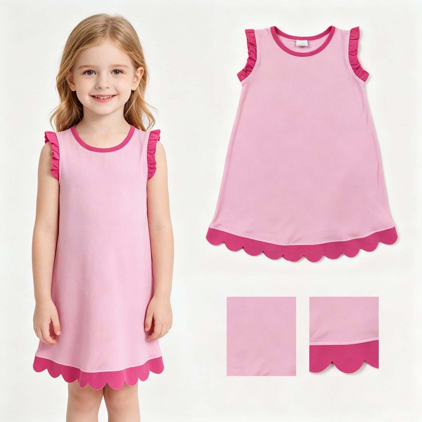 Baby Girls Pink Sleeveless Scallop Knee Length Dresses