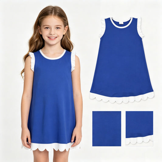 Baby Girls Sleeveless Hot Blue White Scallop Knee Length Dresses