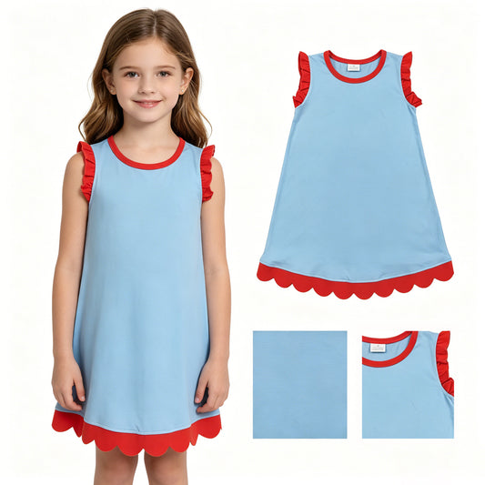 Baby Girls Blue Red Sleeveless Scallop Knee Length Dresses