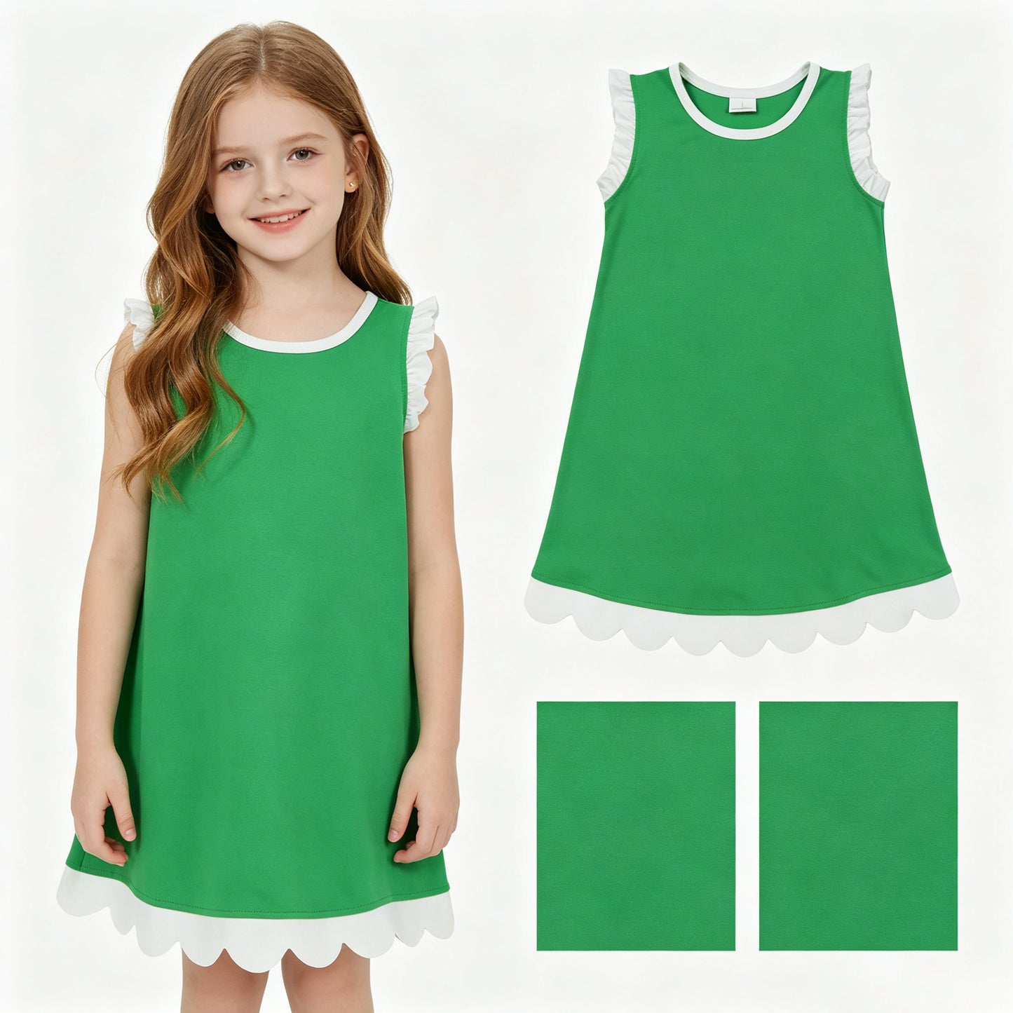 Baby Girls Girls Green Sleeveless Scallop Knee Length Dresses