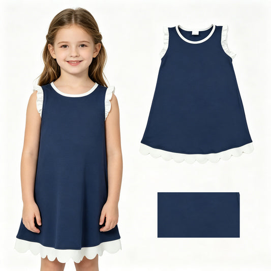 Baby Girls Navy White Scallop Sleeveless Knee Length Dresses