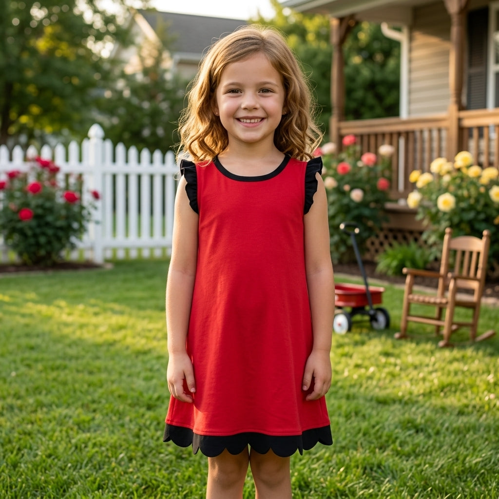 Baby Girls Black Red Sleeveless Scallop Knee Length Dresses
