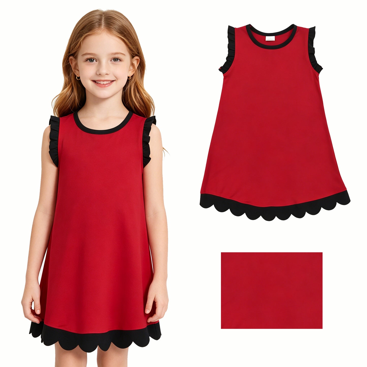 Baby Girls Black Maroon Sleeveless Scallop Knee Length Dresses