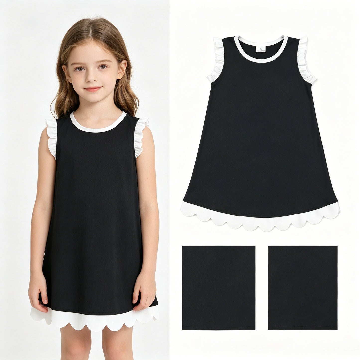 Baby Girls Black White Scallop Sleeveless Knee Length Dresses
