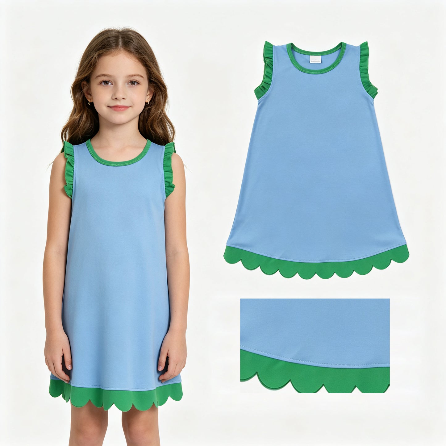 Baby Girls Green Blue Sleeveless Scallop Knee Length Dresses