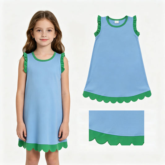Baby Girls Green Blue Sleeveless Scallop Knee Length Dresses