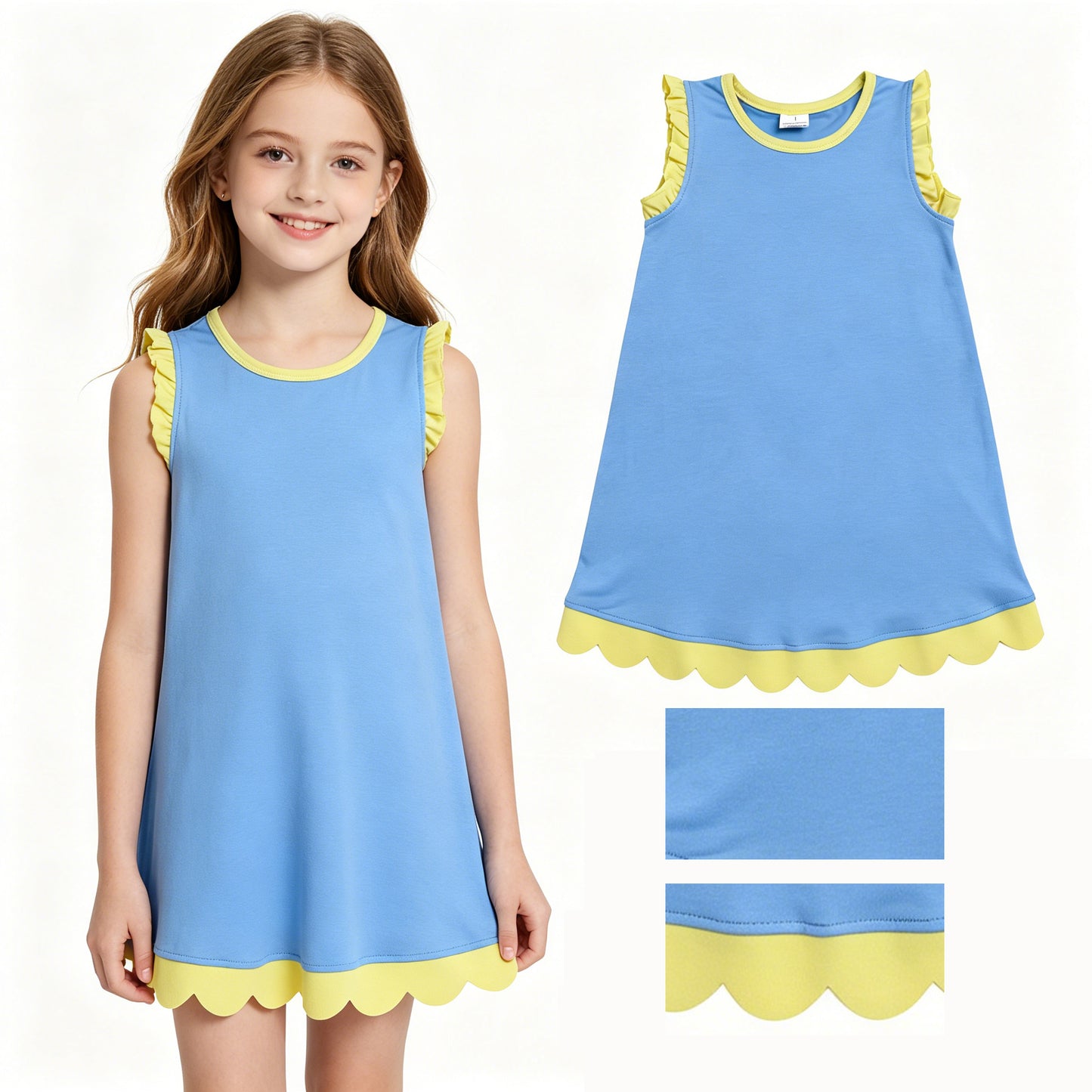Baby Girls Blue Yellow Sleeveless Scallop Knee Length Dresses