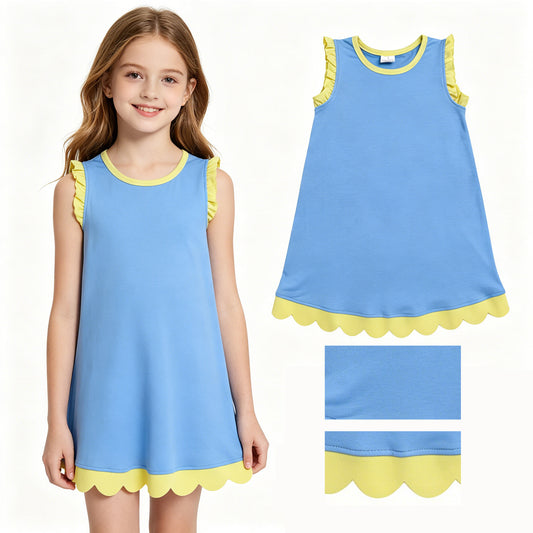 Baby Girls Blue Yellow Sleeveless Scallop Knee Length Dresses