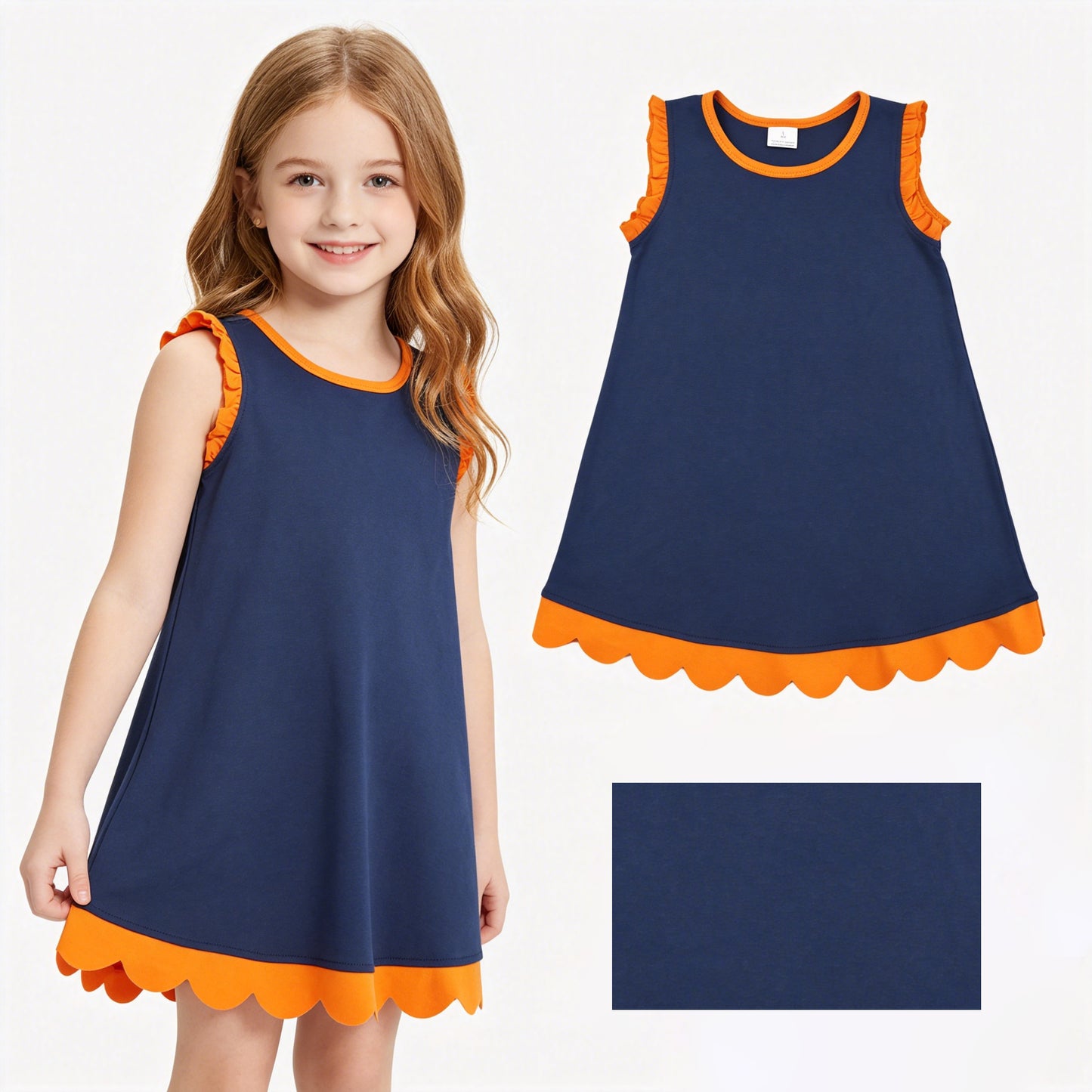 Baby Girls Navy Orange Sleeveless Scallop Knee Length Dresses