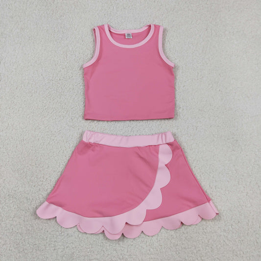 Baby Girls Sleeveless Pink Vest Scallop Skirt Short Yoga Active Clothes Set