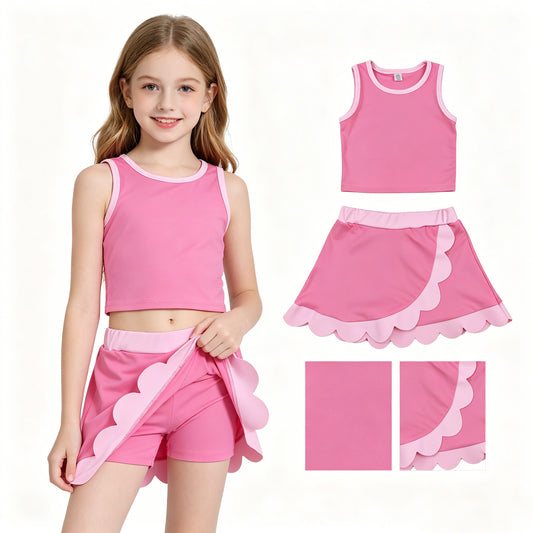 Baby Girls Sleeveless Pink Vest Scallop Skirt Short Yoga Active Clothes Set