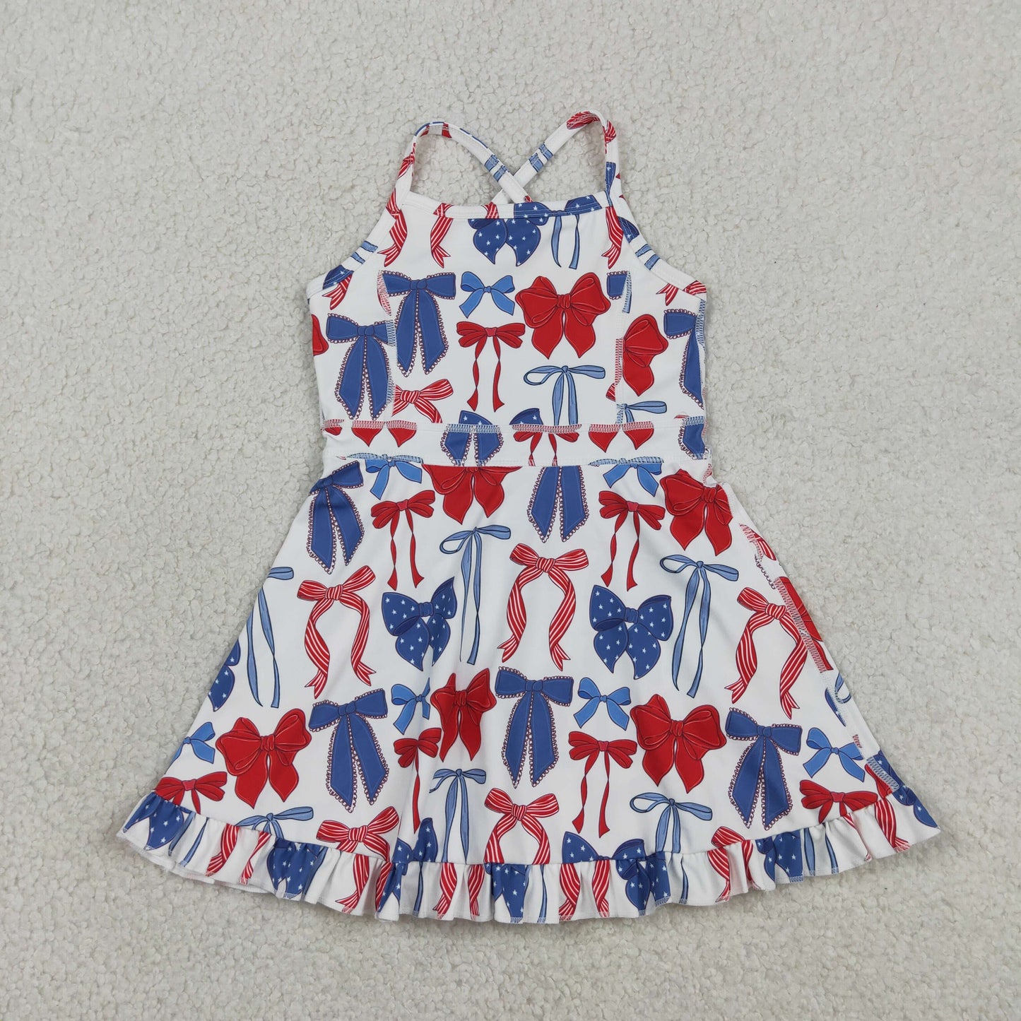 Baby Girls Strap Blue Red Bows 4th Of July Yoga Active Knee Length Dresses
