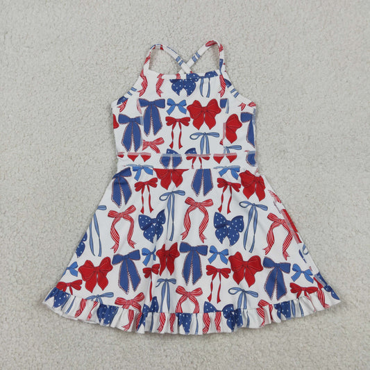 Baby Girls Strap Blue Red Bows 4th Of July Yoga Active Knee Length Dresses