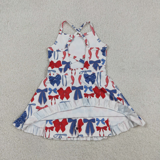 Baby Girls Strap Blue Red Bows 4th Of July Yoga Active Knee Length Dresses