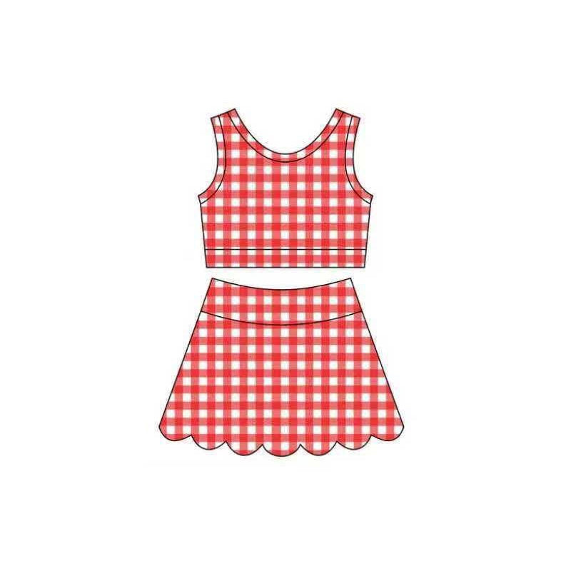 Baby Girls Red Checked Vest Scallop Skirt Short Yoga Active Clothes Set Preorder