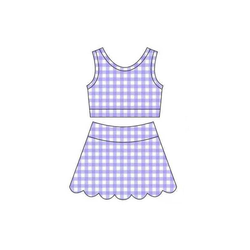 Baby Girls Lavender Checked Vest Scallop Skirt Short Yoga Active Clothes Set Preorder