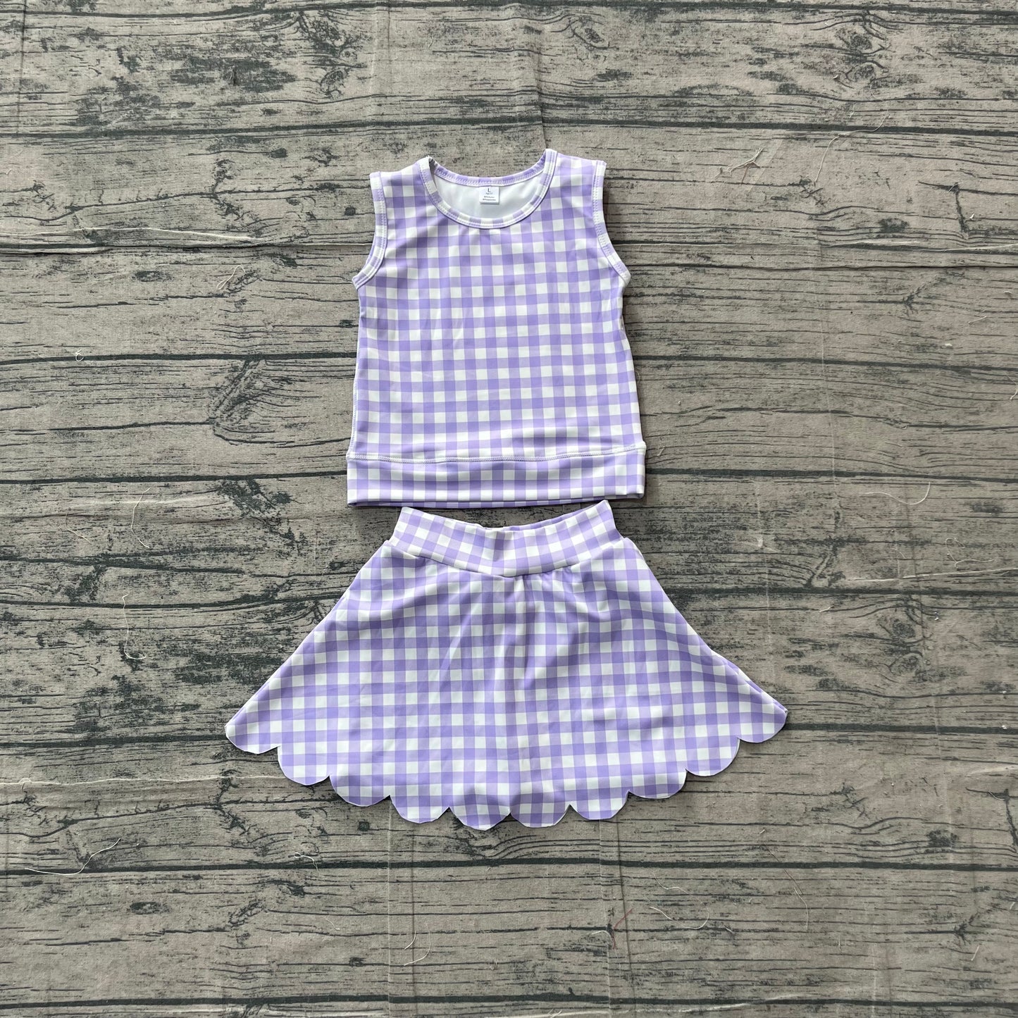 Baby Girls Lavender Checked Vest Scallop Skirt Short Yoga Active Clothes Set Preorder