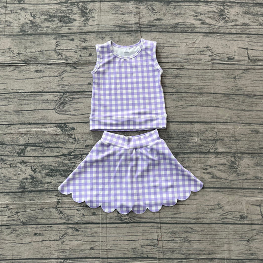 Baby Girls Lavender Checked Vest Scallop Skirt Short Yoga Active Clothes Set Preorder
