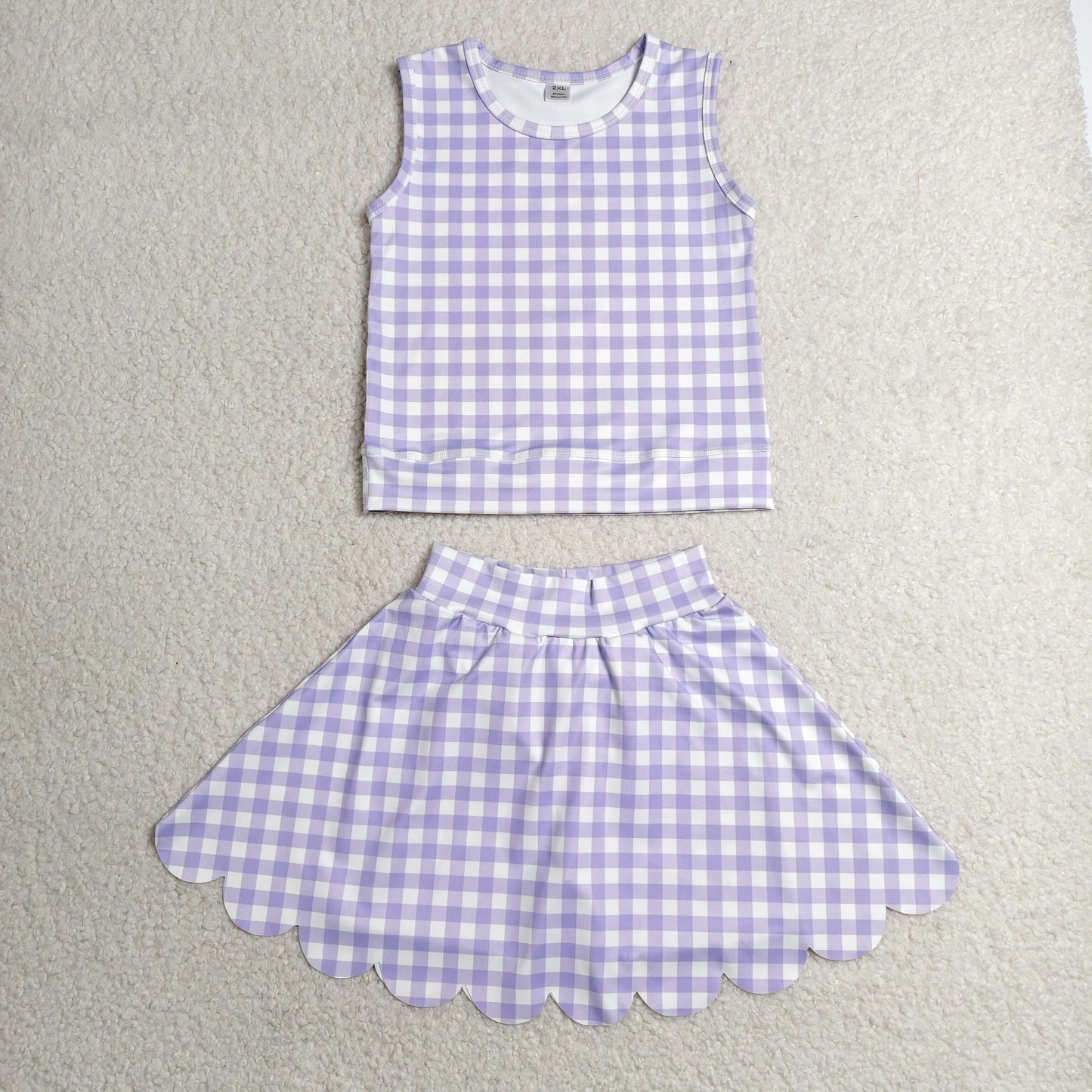 Baby Girls Lavender Checked Vest Scallop Skirt Short Yoga Active Clothes Set