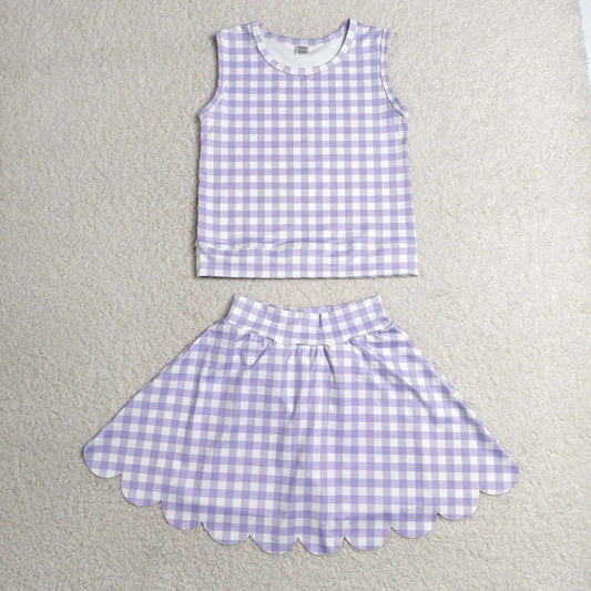 Baby Girls Lavender Checked Vest Scallop Skirt Short Yoga Active Clothes Set