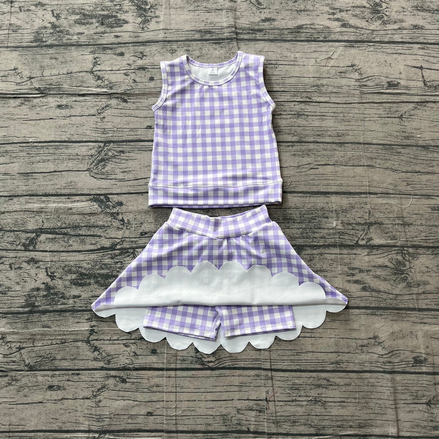 Baby Girls Lavender Checked Vest Scallop Skirt Short Yoga Active Clothes Set Preorder