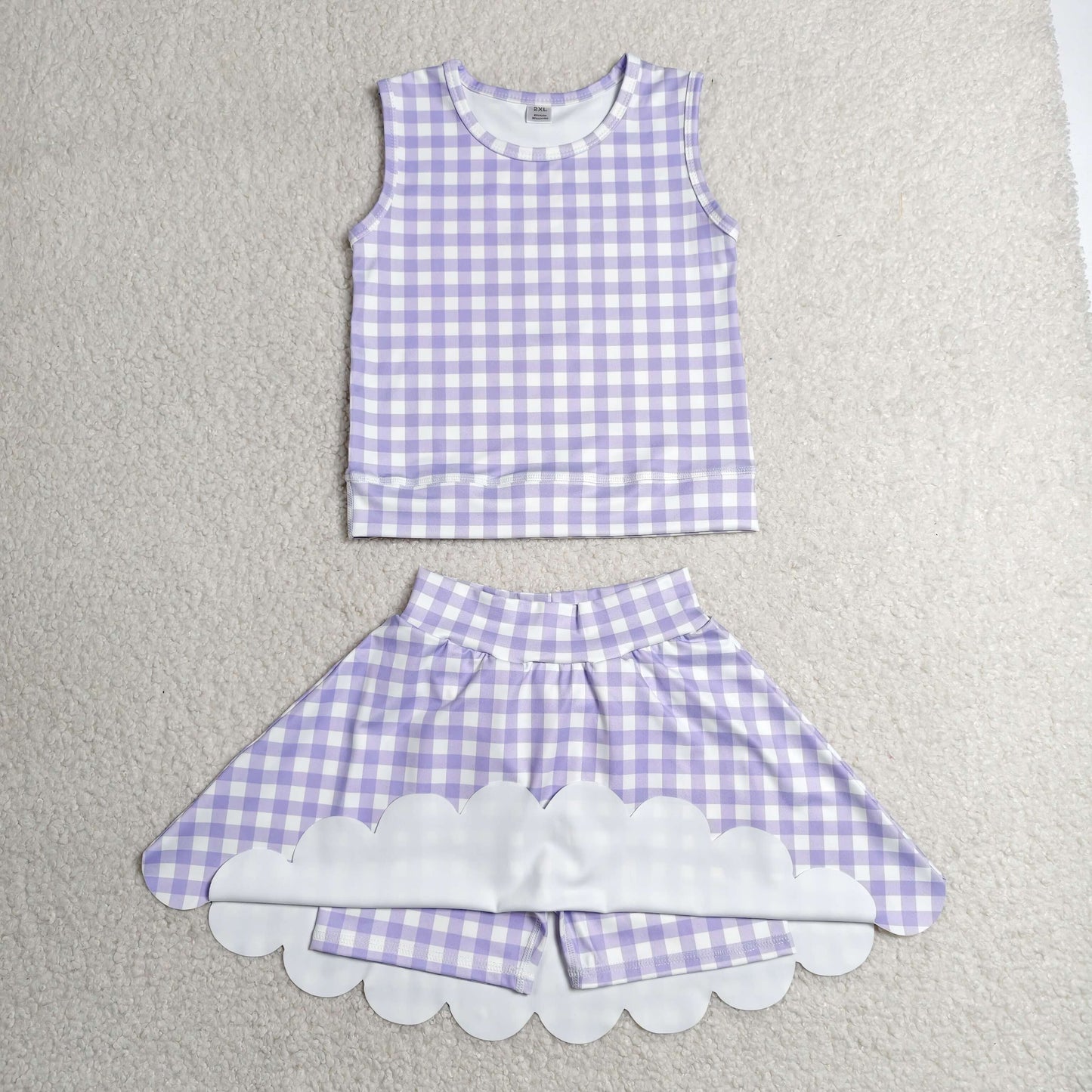 Baby Girls Lavender Checked Vest Scallop Skirt Short Yoga Active Clothes Set