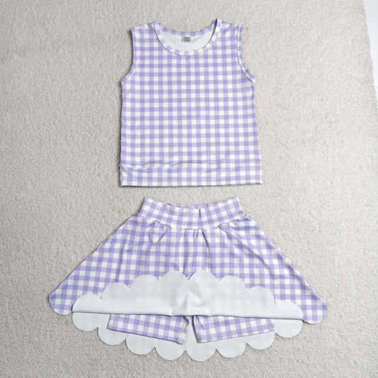 Baby Girls Lavender Checked Vest Scallop Skirt Short Yoga Active Clothes Set