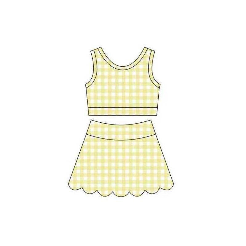 Baby Girls Yellow Checked Vest Scallop Skirt Short Yoga Active Clothes Set Preorder