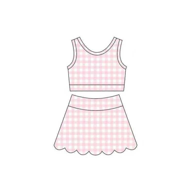 Baby Girls Pink Checked Vest Scallop Skirt Short Yoga Active Clothes Set Preorder