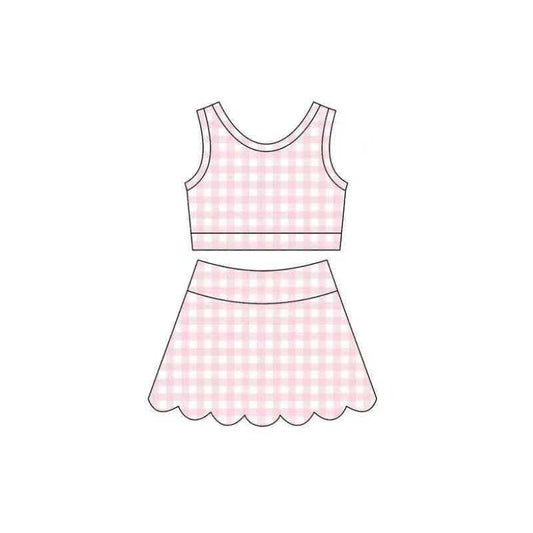 Baby Girls Pink Checked Vest Scallop Skirt Short Yoga Active Clothes Set Preorder