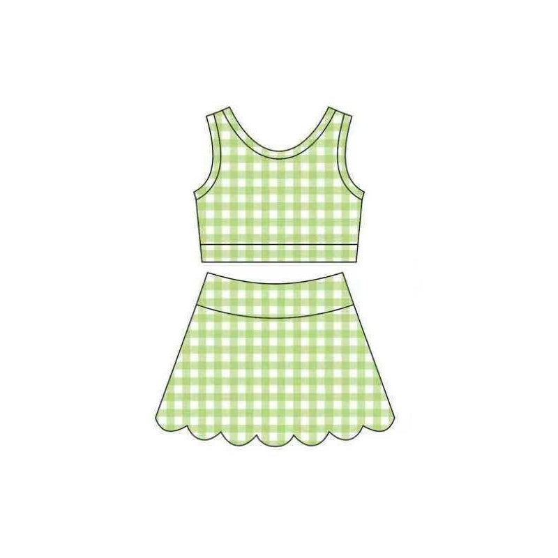 Baby Girls Green Checked Vest Scallop Skirt Short Yoga Active Clothes Set Preorder