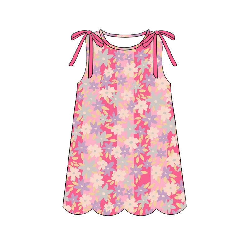 Baby Girls Sleeveless Colorful Flowers Scallop Knee Length Dresses Preorder