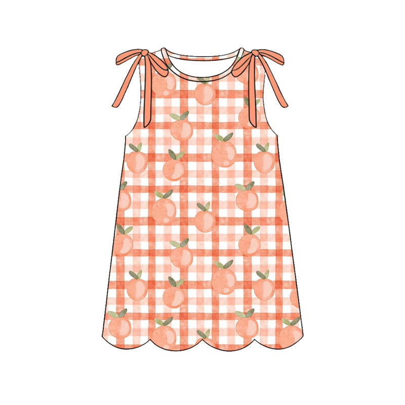 Baby Girls Sleeveless Peaches Checked Scallop Knee Length Dresses Preorder