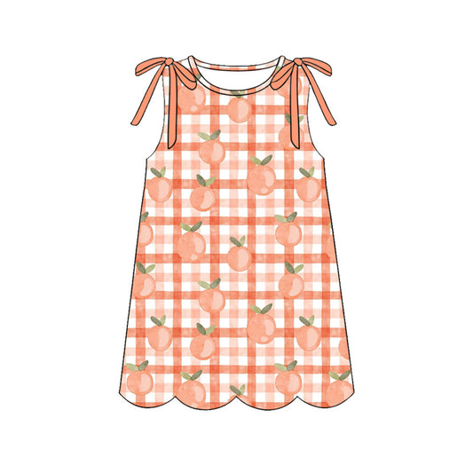 Baby Girls Sleeveless Peaches Checked Scallop Knee Length Dresses Preorder