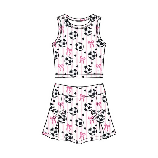 Baby Girls Pink Stripe Bows Footballs Vest Skirt Short Team Yoga Active Clothes Set Preorder