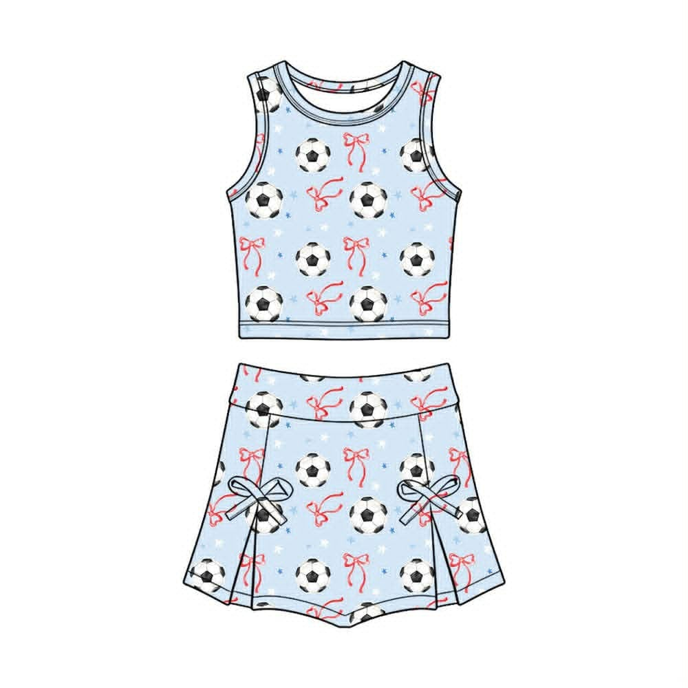 Baby Girls Blue Stars Bows Footballs Vest Skirt Short Team Yoga Active Clothes Set Preorder