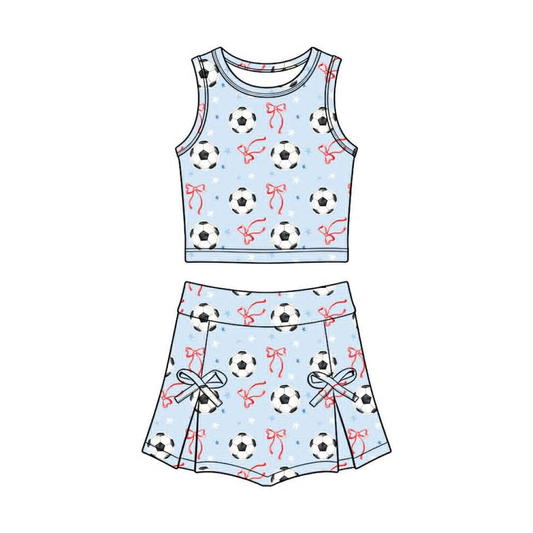 Baby Girls Blue Stars Bows Footballs Vest Skirt Short Team Yoga Active Clothes Set Preorder