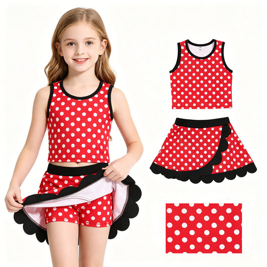 Baby Girls Red Polka Dots Vest Scallop Skirt Short Yoga Active Clothes Set