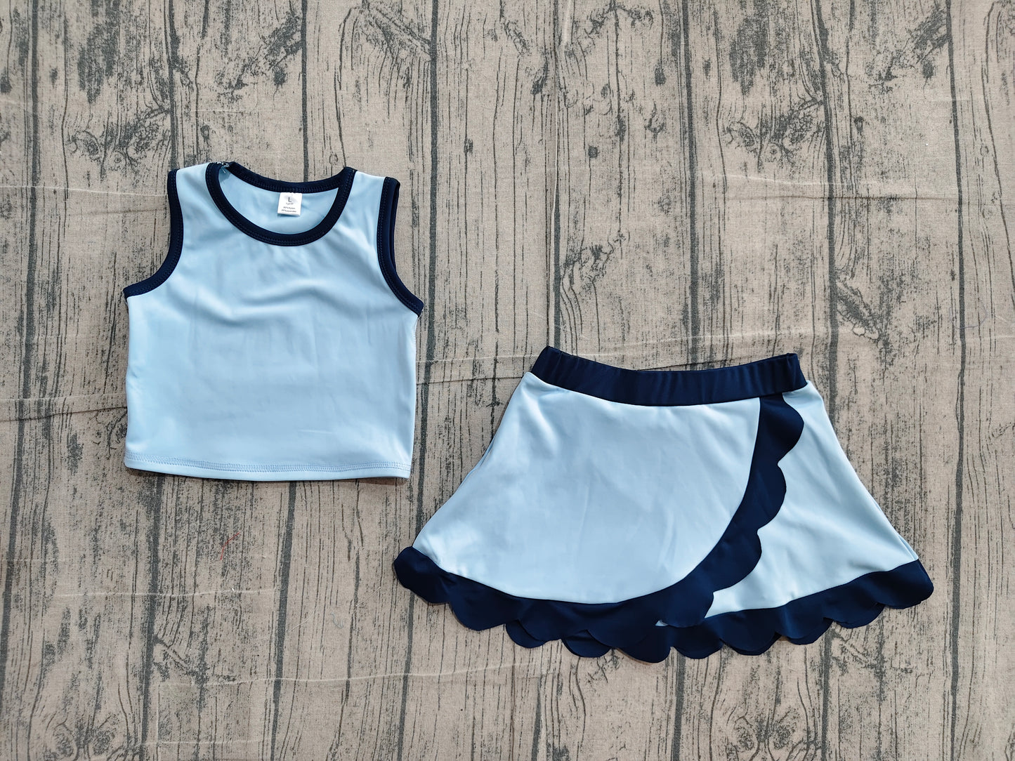 Baby Girls Blue Vest Scallop Skirt Short Yoga Active Clothes Set Preorder