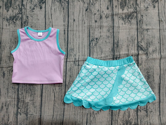Baby Girls Lavender Aqua Mermaid Vest Scallop Skirt Short Yoga Active Clothes Set Preorder