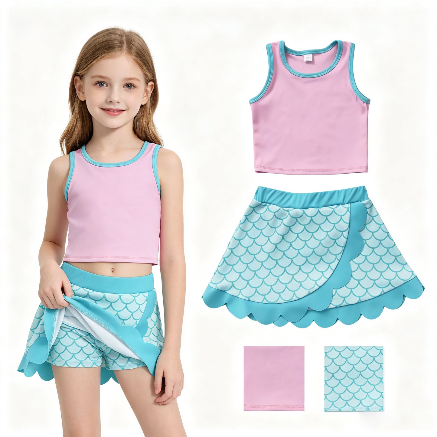 Baby Girls Pink Aqua Vest Mermaid Scallop Skirt Short Yoga Active Clothes Set