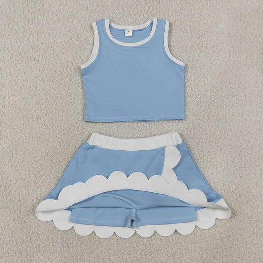 Baby Girls Light Blue Crop Scallop Skirt Short Yoga Active Clothes Sets